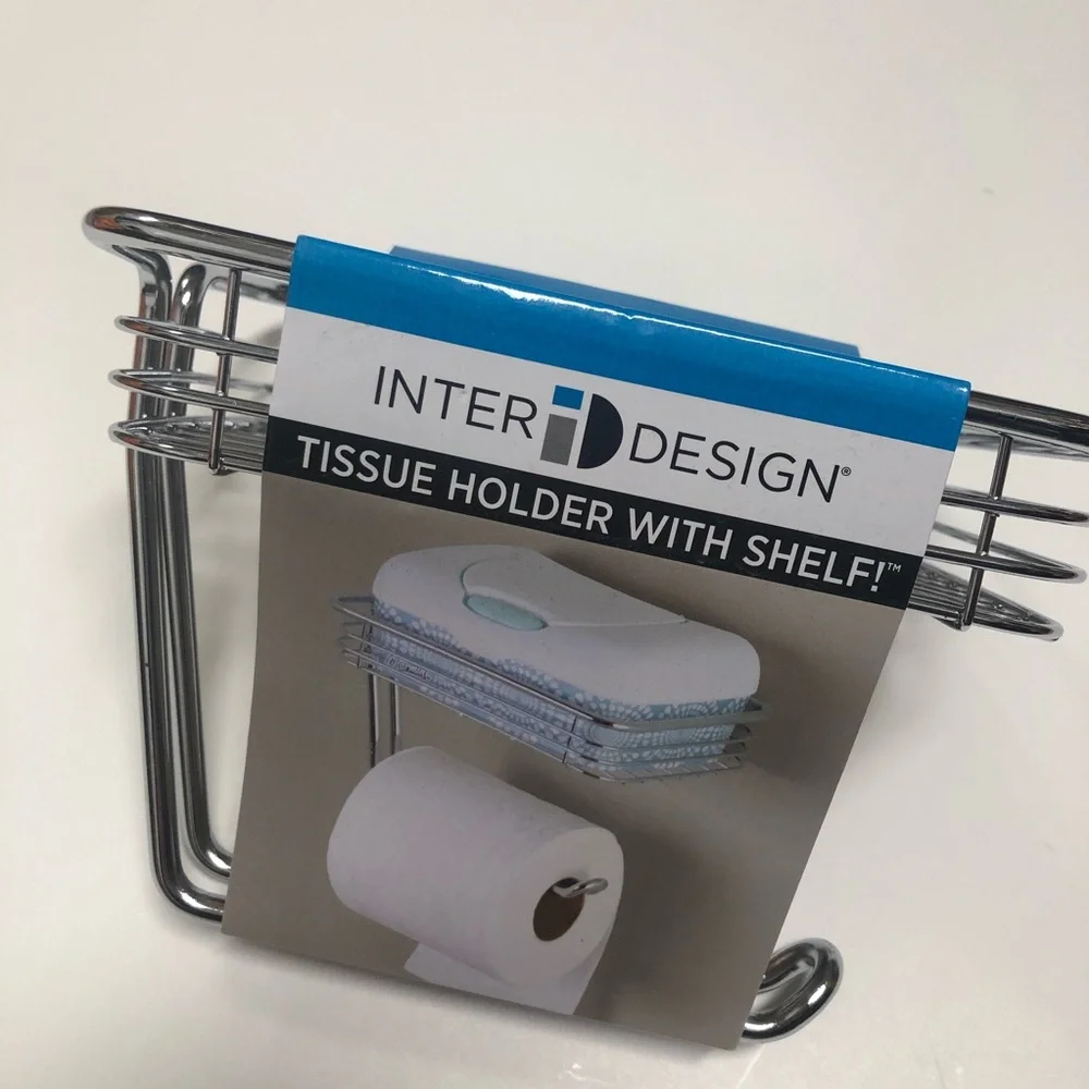 NWT - Inter Design Chrome Toilet Paper Roller Holder w/ Phone Shelf